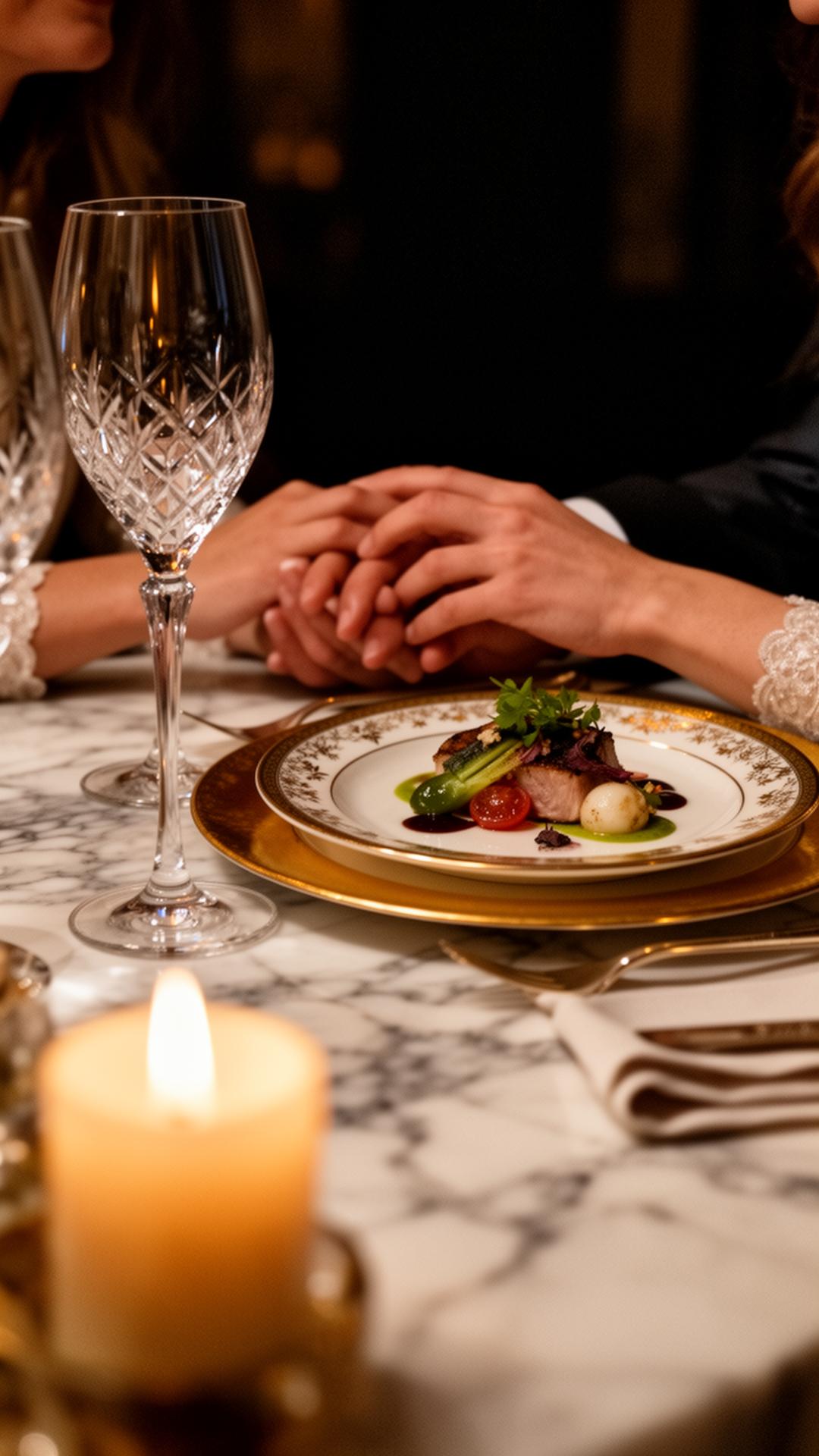 Hands held over a candlelit marble table