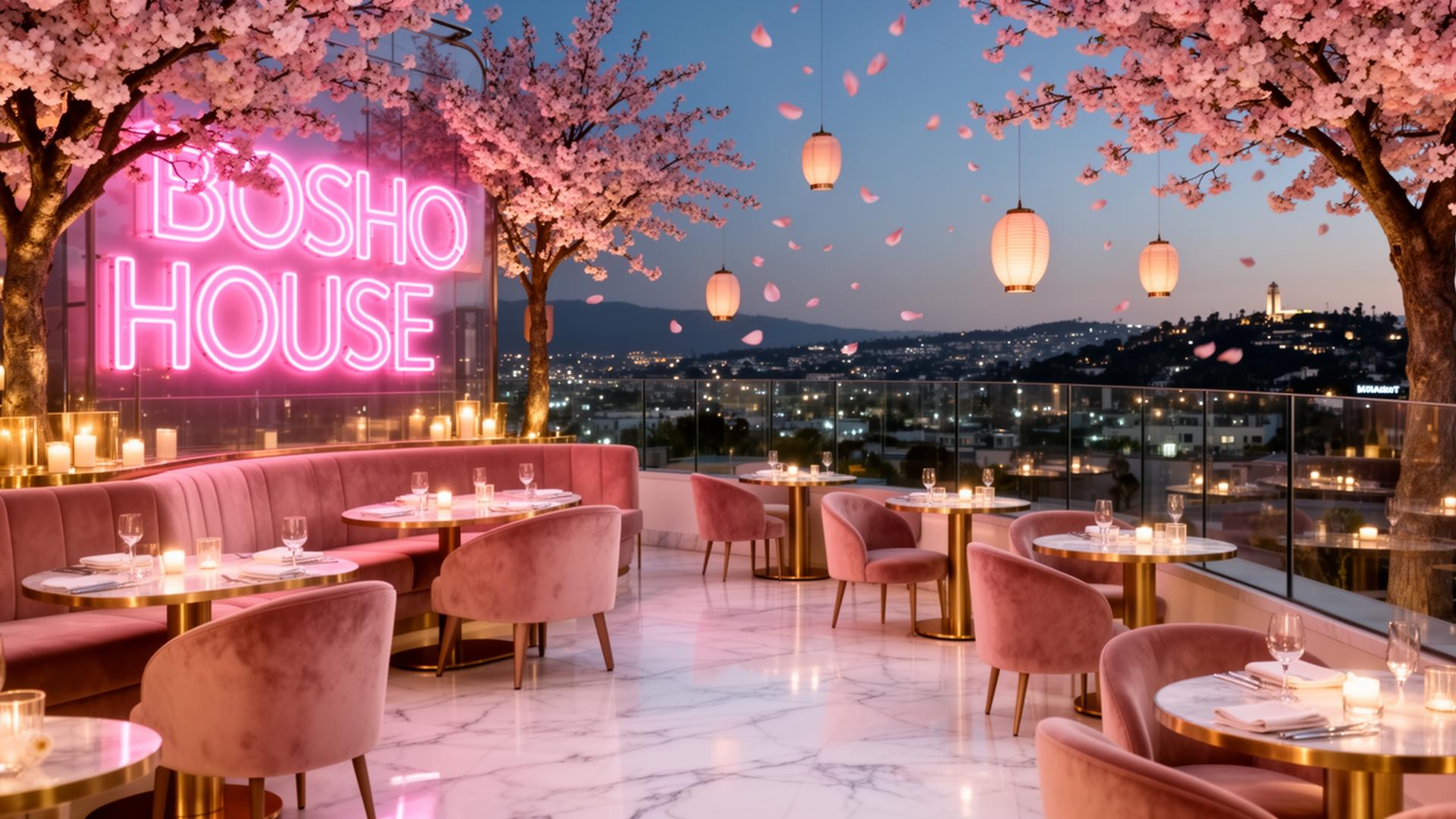 Luxury rooftop with pink neon and cherry blossoms