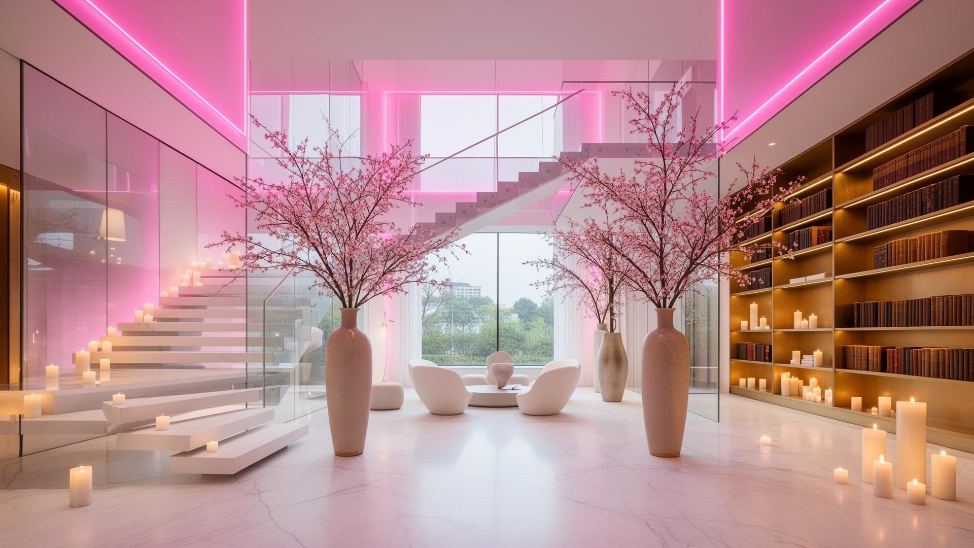 Floating staircase under pink neon